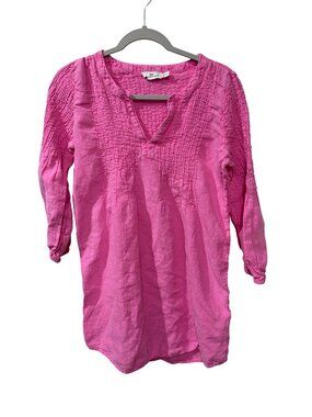 Vineyard Vines Pink Smocked 3/4 Sleeve Blouse Womens Small 100% Linen Lightweigh